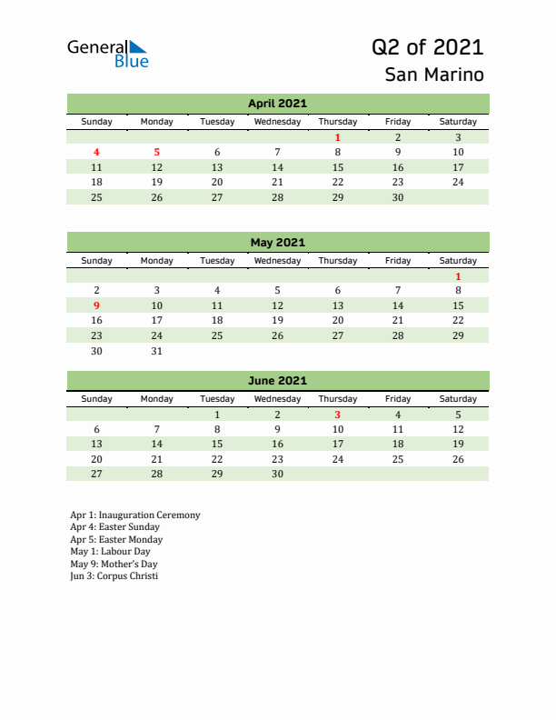 Quarterly Calendar 2021 with San Marino Holidays