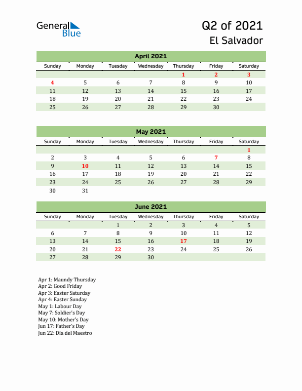 Quarterly Calendar 2021 with El Salvador Holidays