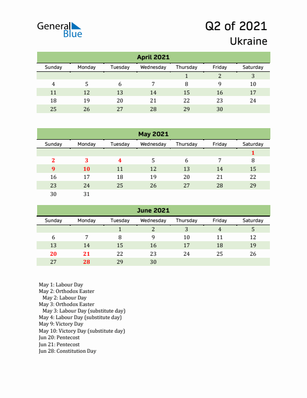 Quarterly Calendar 2021 with Ukraine Holidays