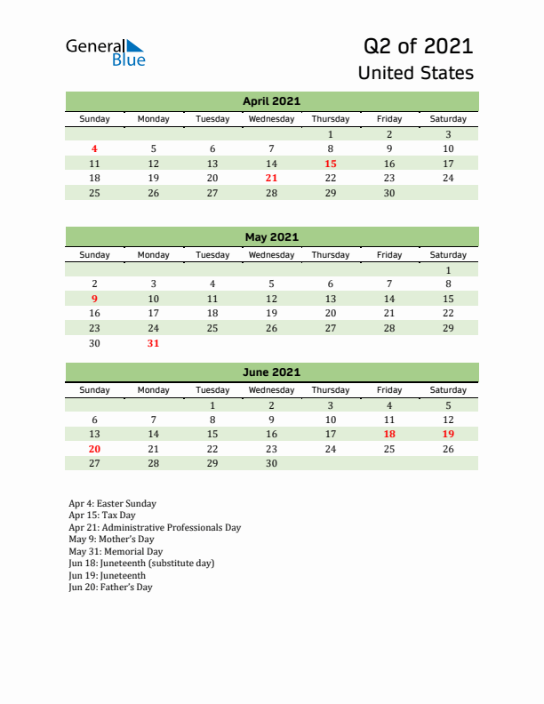 Quarterly Calendar 2021 with United States Holidays