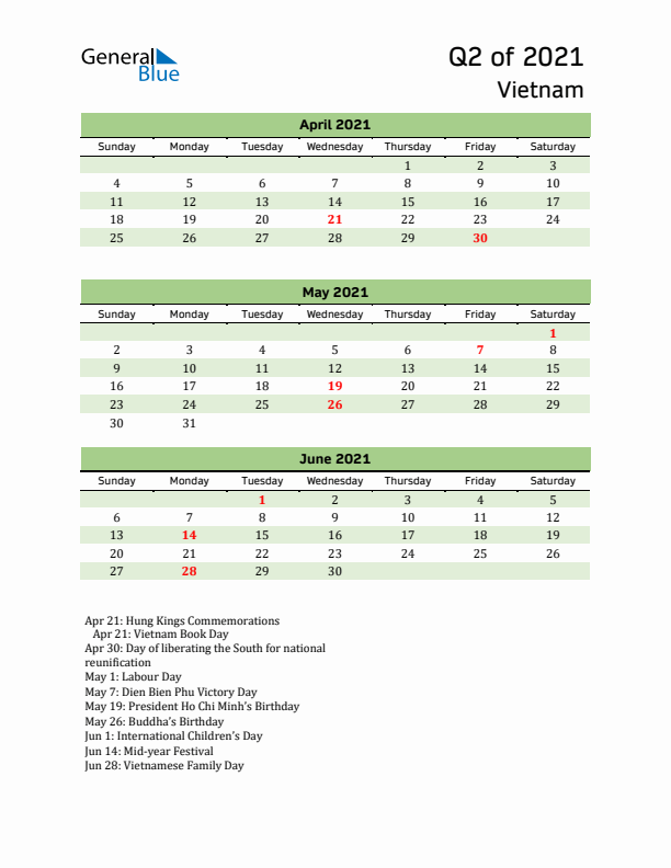 Quarterly Calendar 2021 with Vietnam Holidays