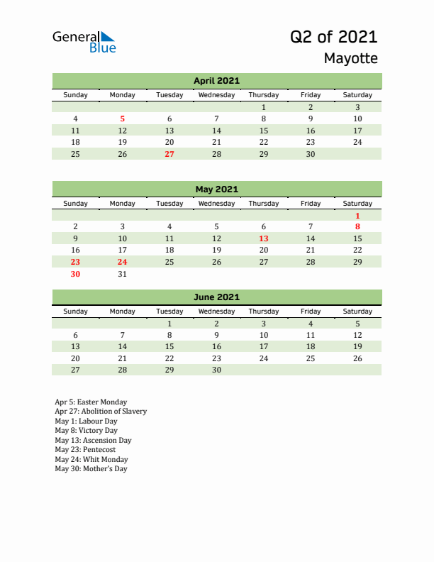 Quarterly Calendar 2021 with Mayotte Holidays