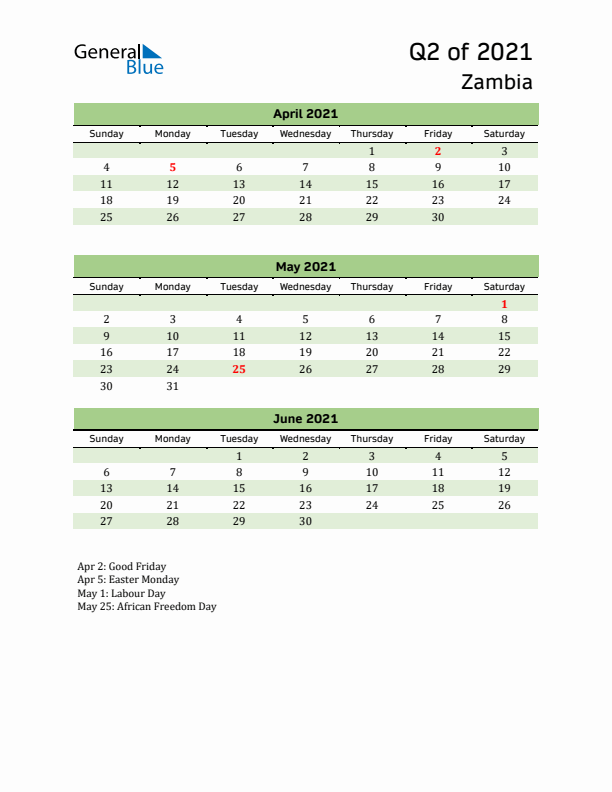 Quarterly Calendar 2021 with Zambia Holidays