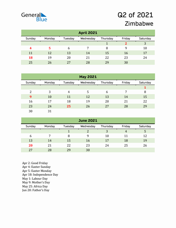 Quarterly Calendar 2021 with Zimbabwe Holidays