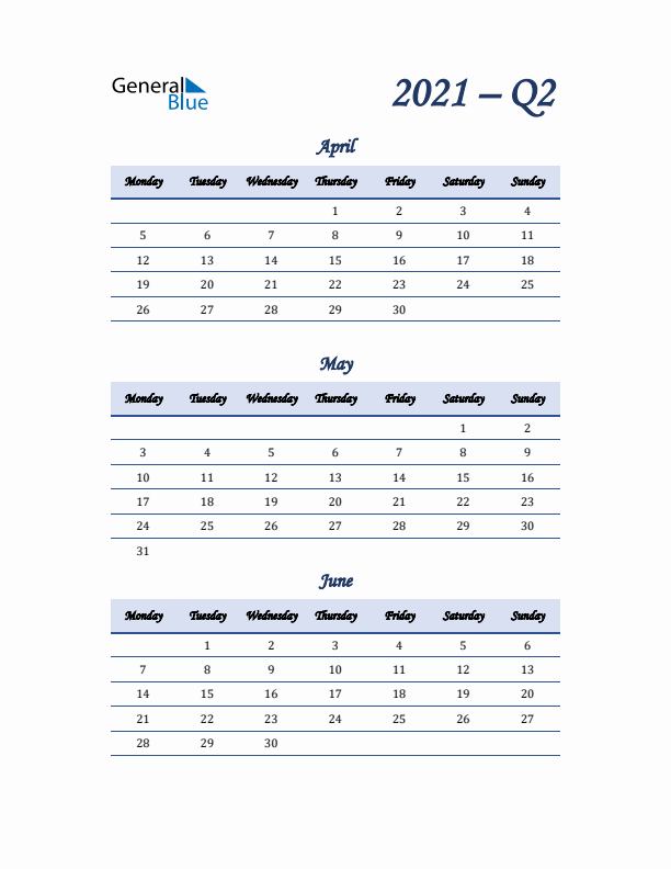 Monday Start 2021 Quarterly Calendar