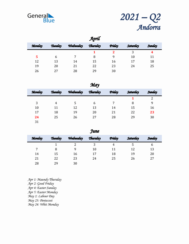 April, May, and June Calendar for Andorra with Monday Start