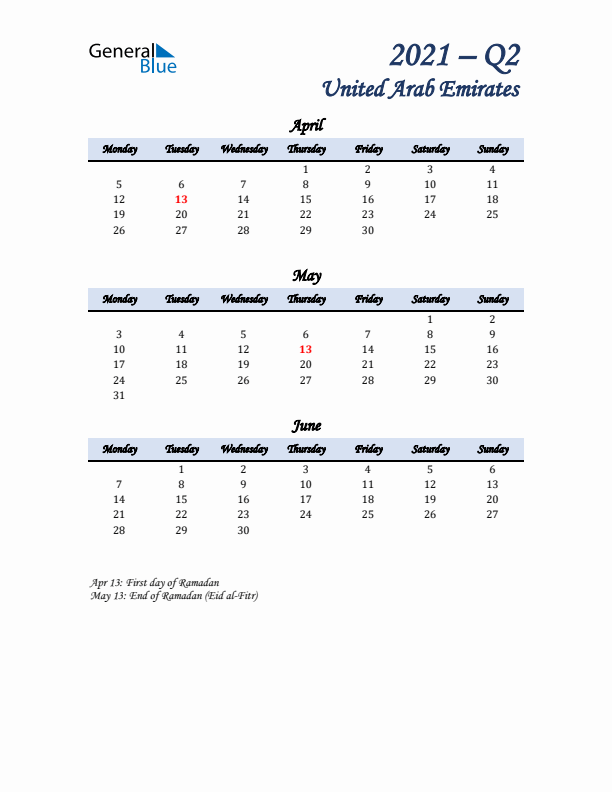 April, May, and June Calendar for United Arab Emirates with Monday Start