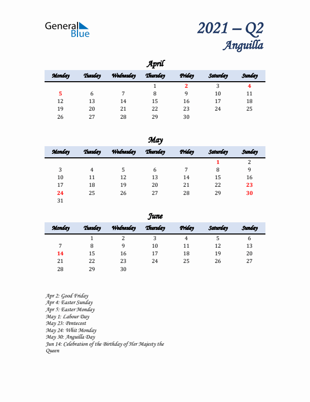 April, May, and June Calendar for Anguilla with Monday Start