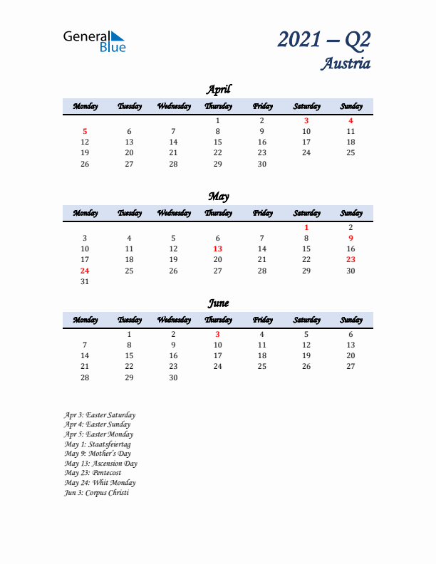 April, May, and June Calendar for Austria with Monday Start