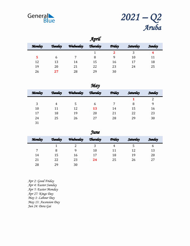 April, May, and June Calendar for Aruba with Monday Start