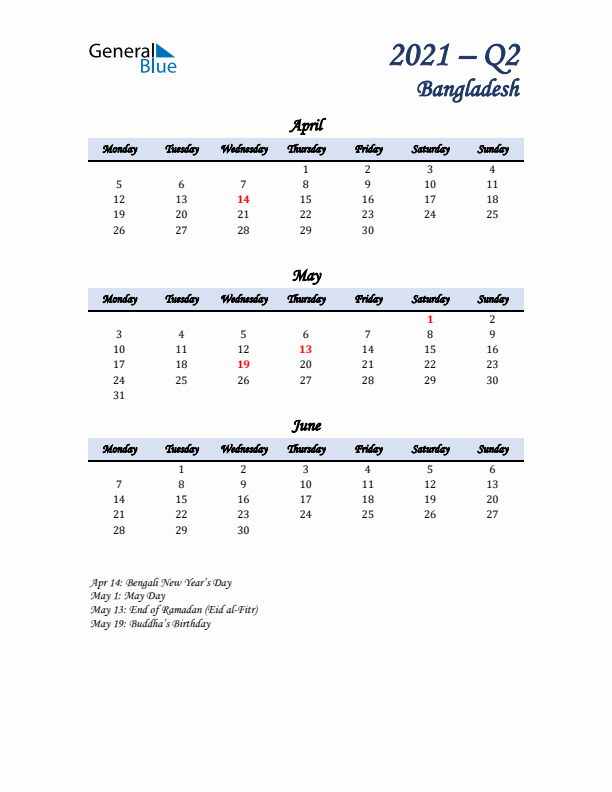 April, May, and June Calendar for Bangladesh with Monday Start