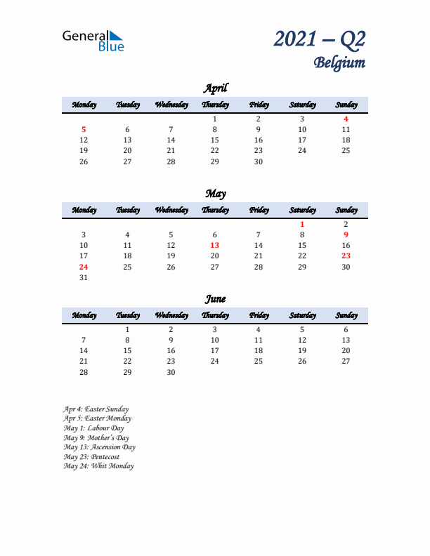 April, May, and June Calendar for Belgium with Monday Start