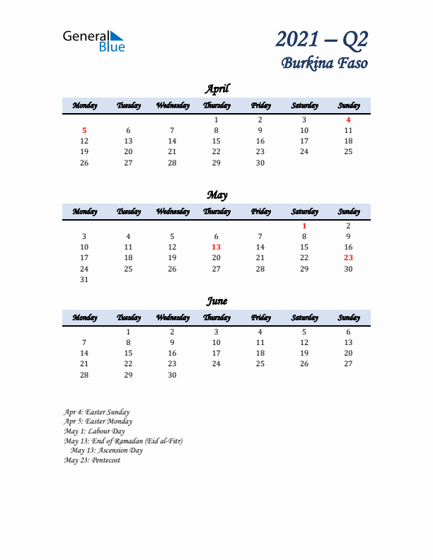 April, May, and June Calendar for Burkina Faso with Monday Start