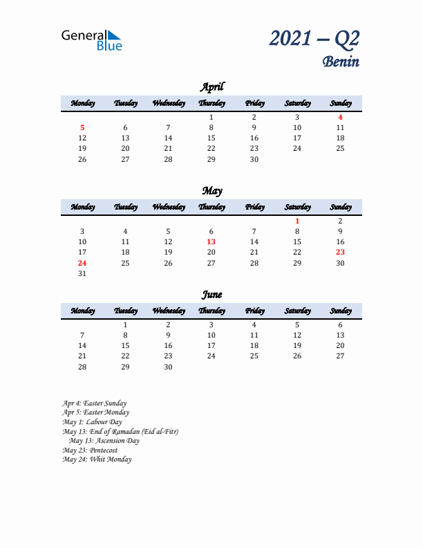 April, May, and June Calendar for Benin with Monday Start