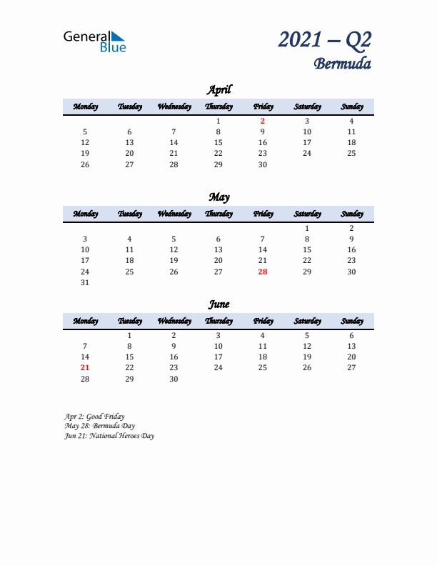 April, May, and June Calendar for Bermuda with Monday Start