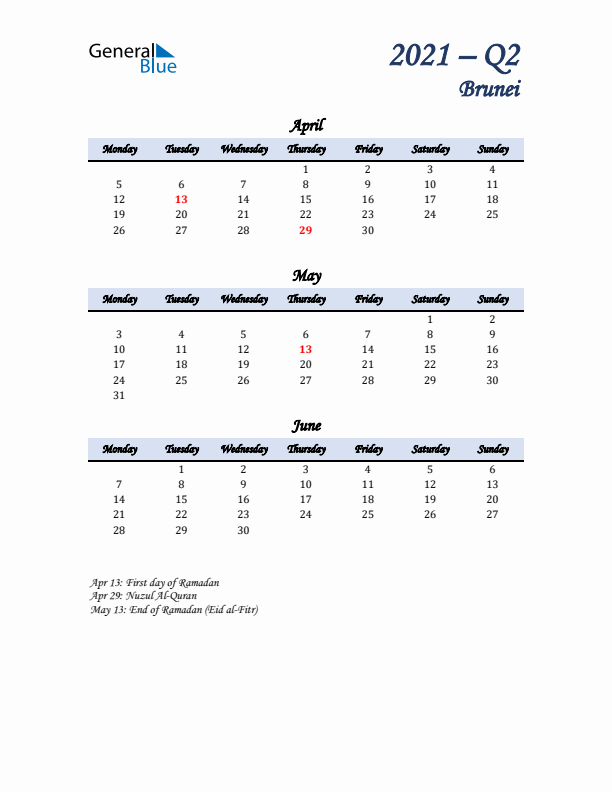 April, May, and June Calendar for Brunei with Monday Start