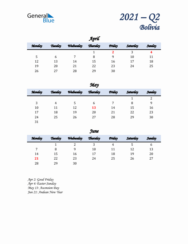 April, May, and June Calendar for Bolivia with Monday Start