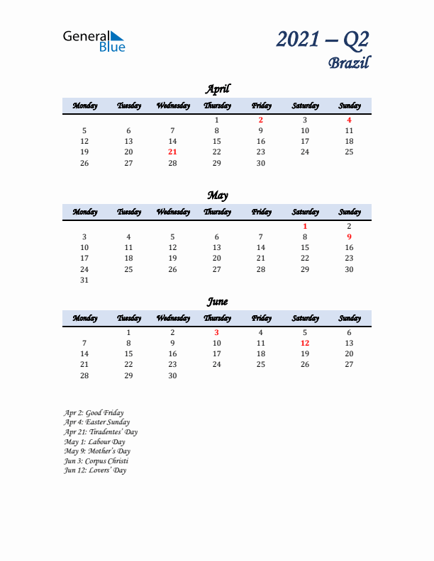 April, May, and June Calendar for Brazil with Monday Start