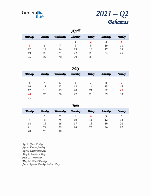 April, May, and June Calendar for Bahamas with Monday Start