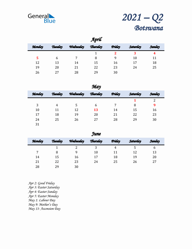 April, May, and June Calendar for Botswana with Monday Start