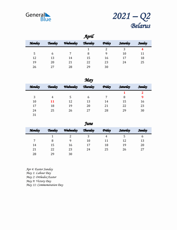 April, May, and June Calendar for Belarus with Monday Start