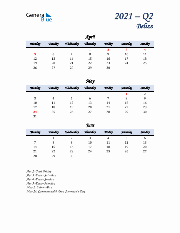 April, May, and June Calendar for Belize with Monday Start