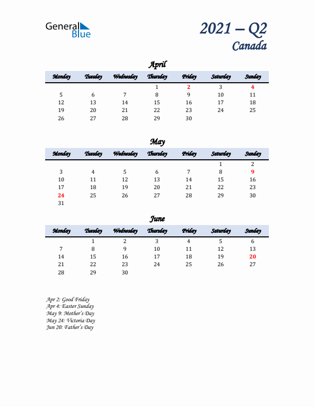 April, May, and June Calendar for Canada with Monday Start