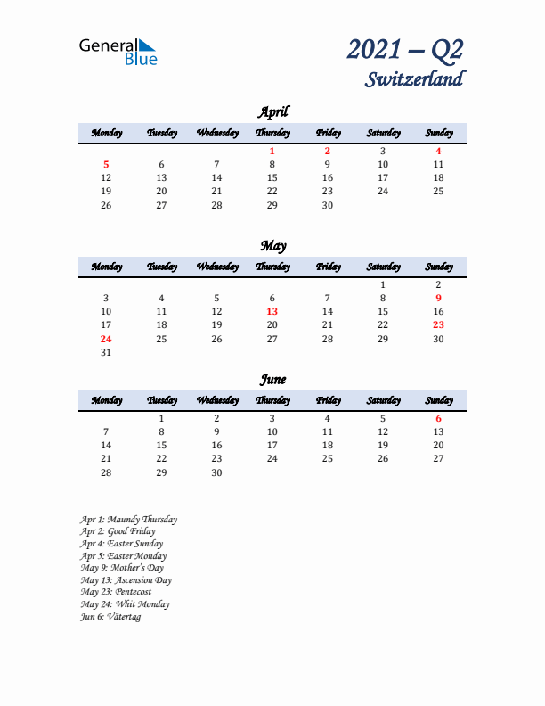 April, May, and June Calendar for Switzerland with Monday Start