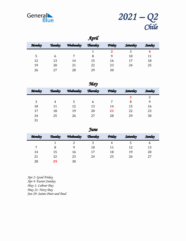 April, May, and June Calendar for Chile with Monday Start