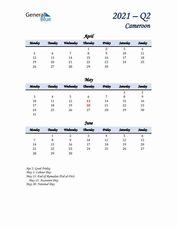 April, May, and June Calendar for Cameroon with Monday Start