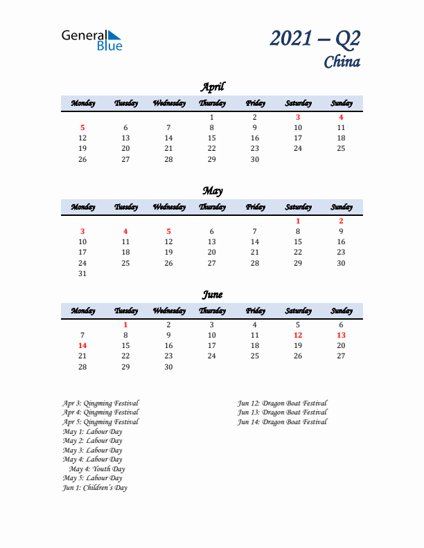 April, May, and June Calendar for China with Monday Start