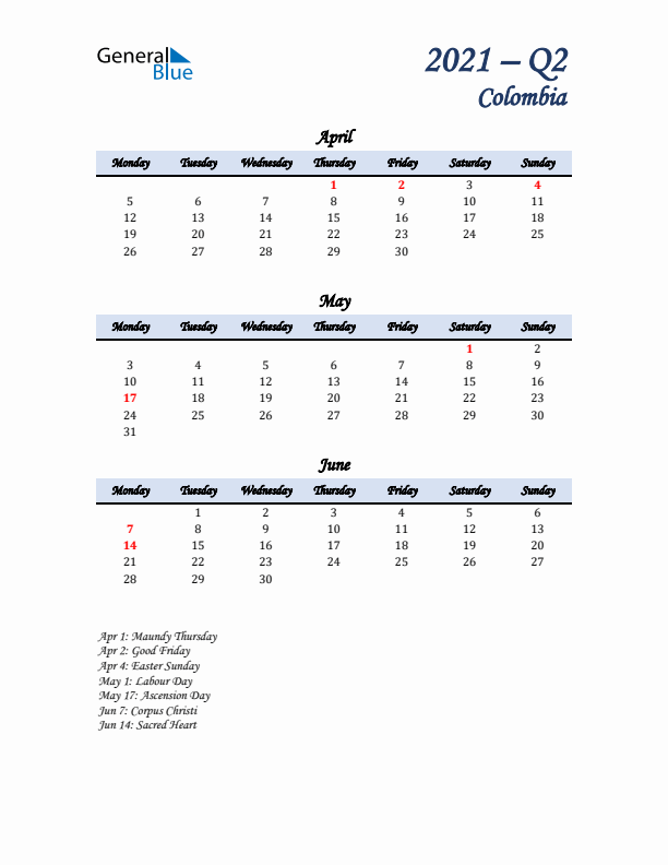 April, May, and June Calendar for Colombia with Monday Start