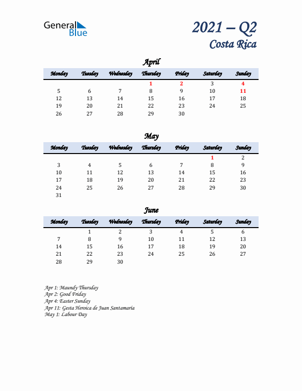 April, May, and June Calendar for Costa Rica with Monday Start