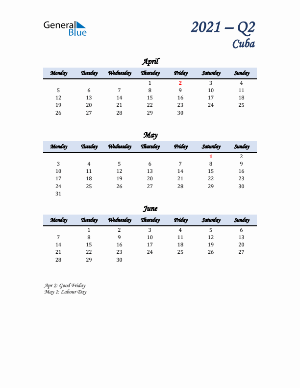 April, May, and June Calendar for Cuba with Monday Start