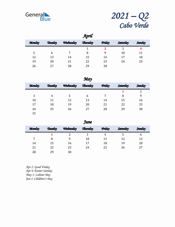 April, May, and June Calendar for Cabo Verde with Monday Start