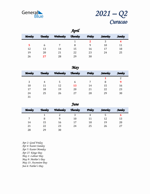 April, May, and June Calendar for Curacao with Monday Start