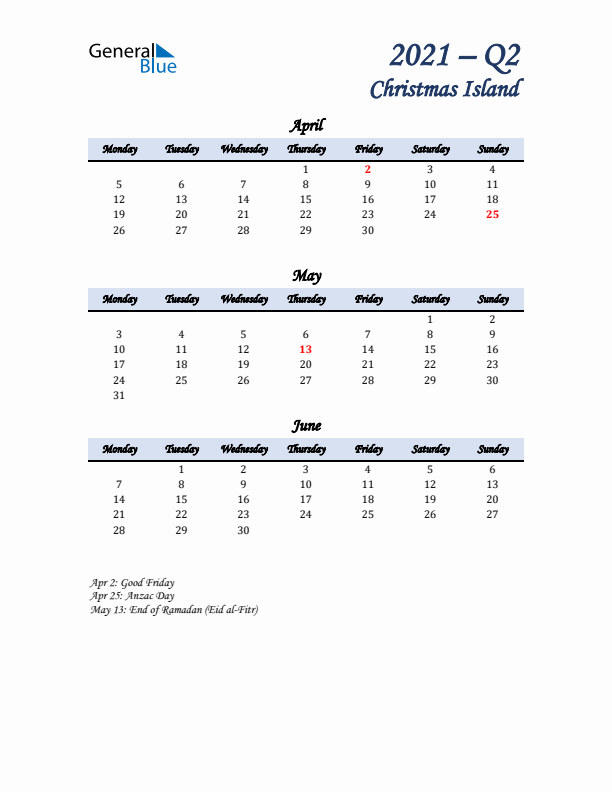 April, May, and June Calendar for Christmas Island with Monday Start