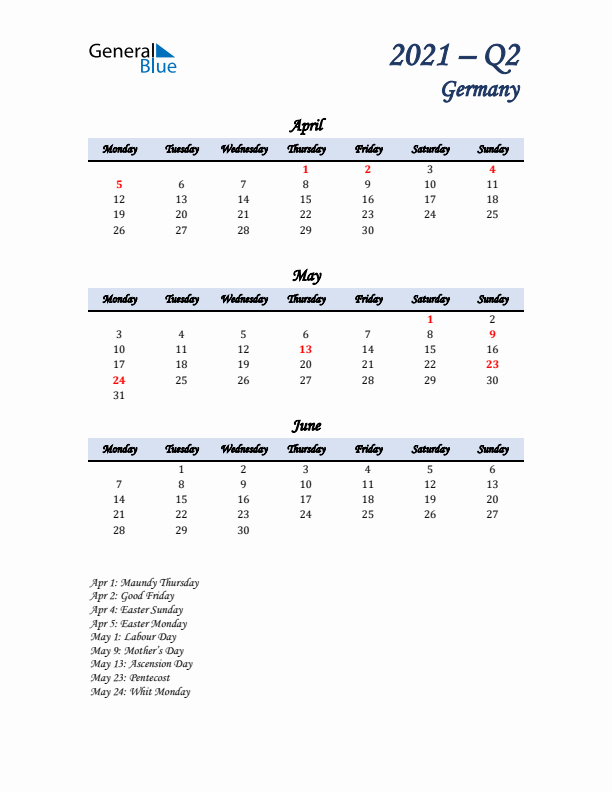 April, May, and June Calendar for Germany with Monday Start