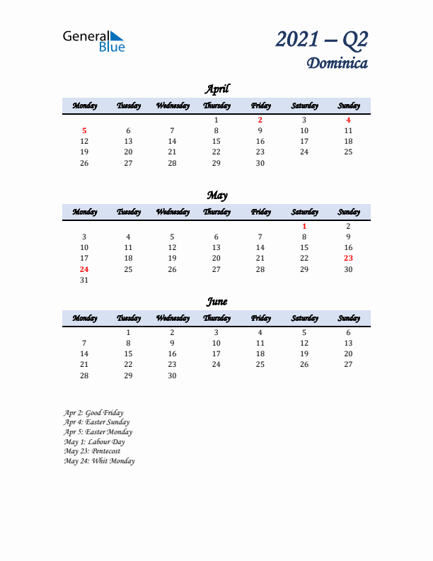 April, May, and June Calendar for Dominica with Monday Start