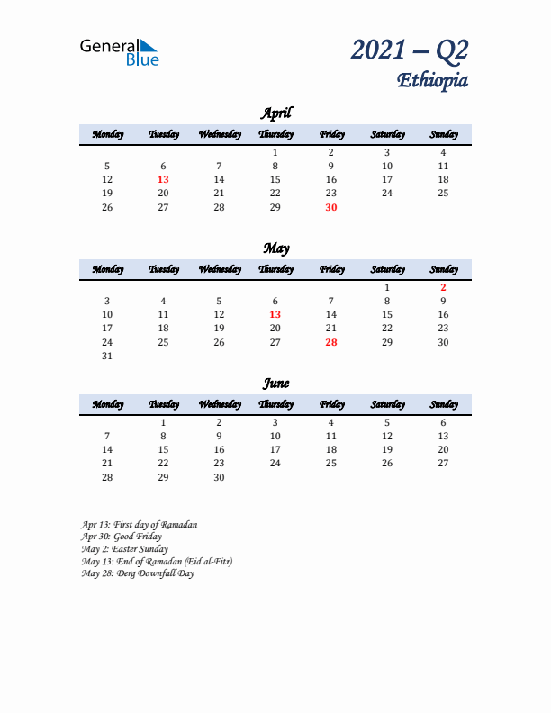 April, May, and June Calendar for Ethiopia with Monday Start