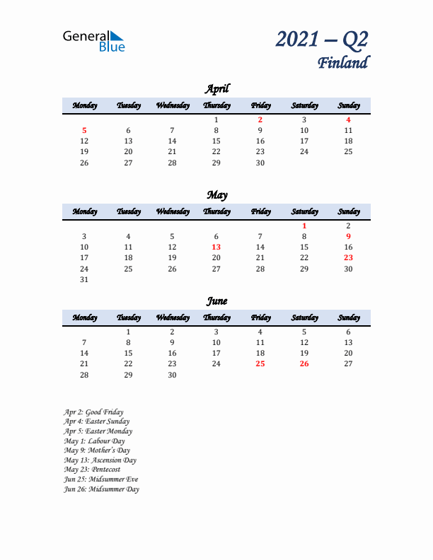 April, May, and June Calendar for Finland with Monday Start