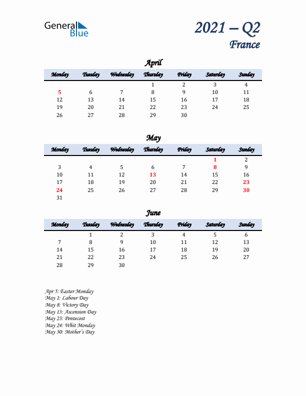 April, May, and June Calendar for France with Monday Start