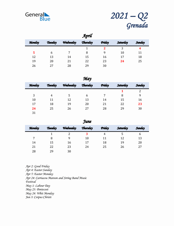 April, May, and June Calendar for Grenada with Monday Start