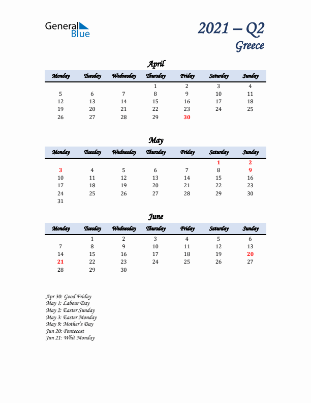 April, May, and June Calendar for Greece with Monday Start