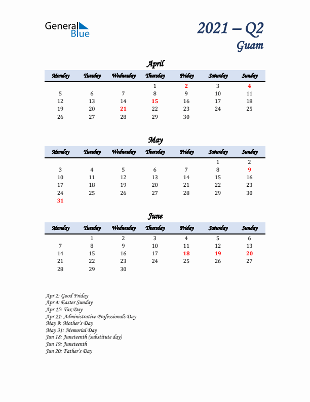 April, May, and June Calendar for Guam with Monday Start