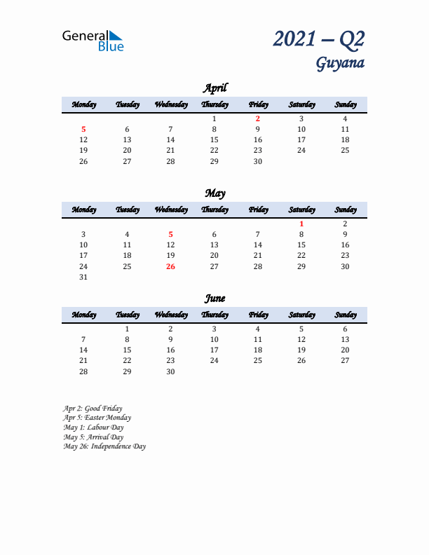 April, May, and June Calendar for Guyana with Monday Start