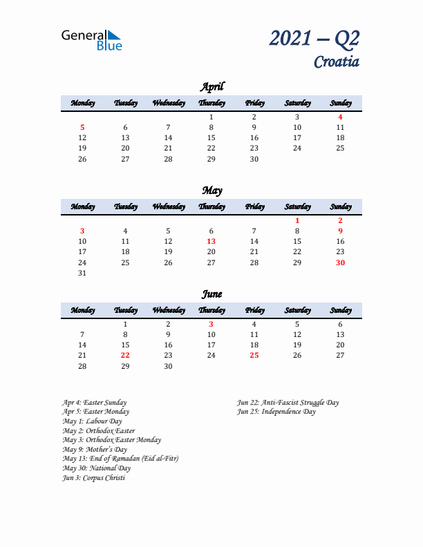 April, May, and June Calendar for Croatia with Monday Start