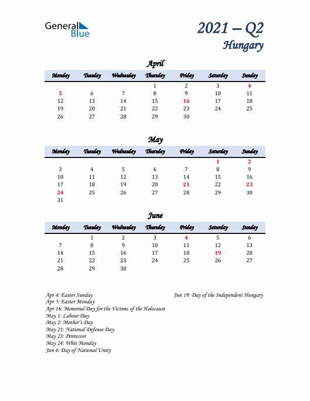 April, May, and June Calendar for Hungary with Monday Start