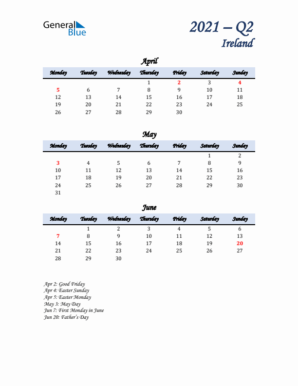 April, May, and June Calendar for Ireland with Monday Start