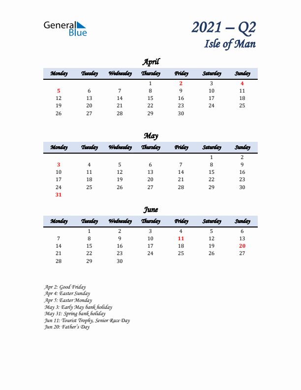 April, May, and June Calendar for Isle of Man with Monday Start